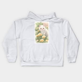 White Cat in the Flower Garden Soft Pastel Colours Kids Hoodie